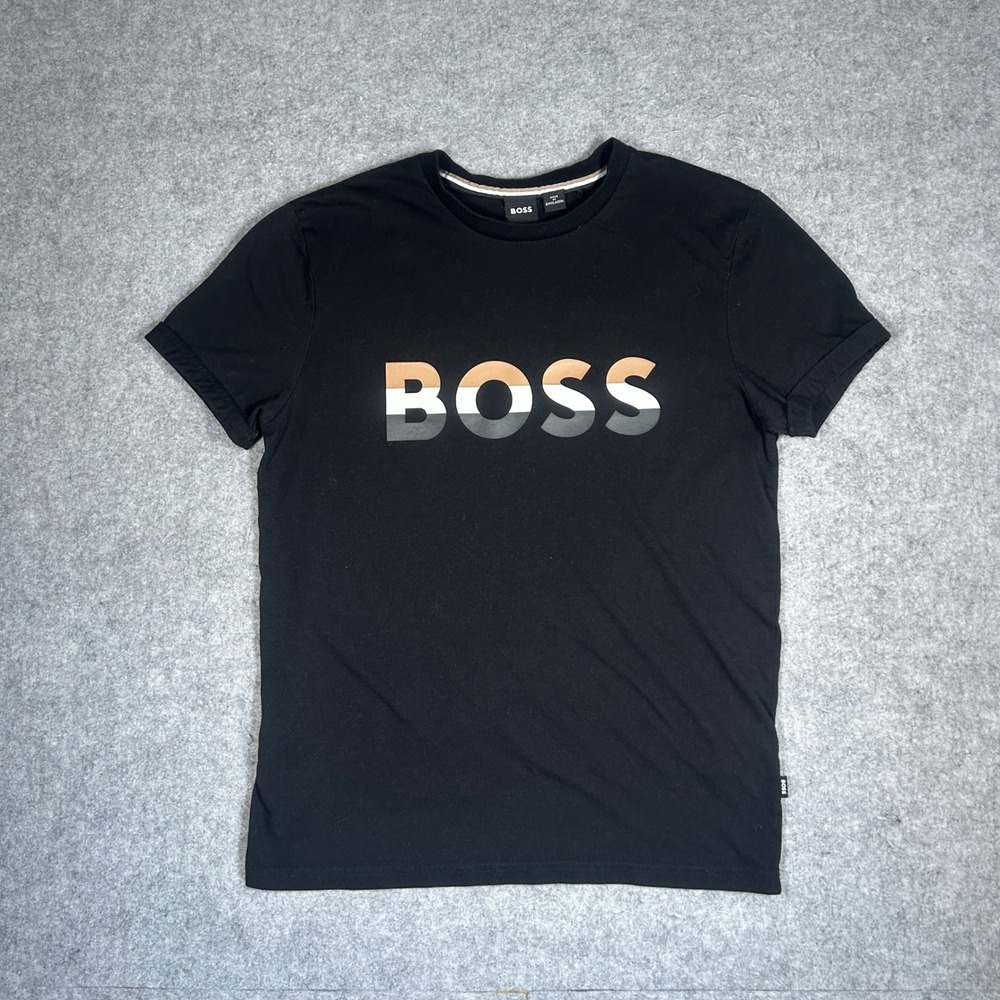 BOSS T Shirt Mens Small Black‎ Graphic Logo Tee Bionic Material Casual Designer